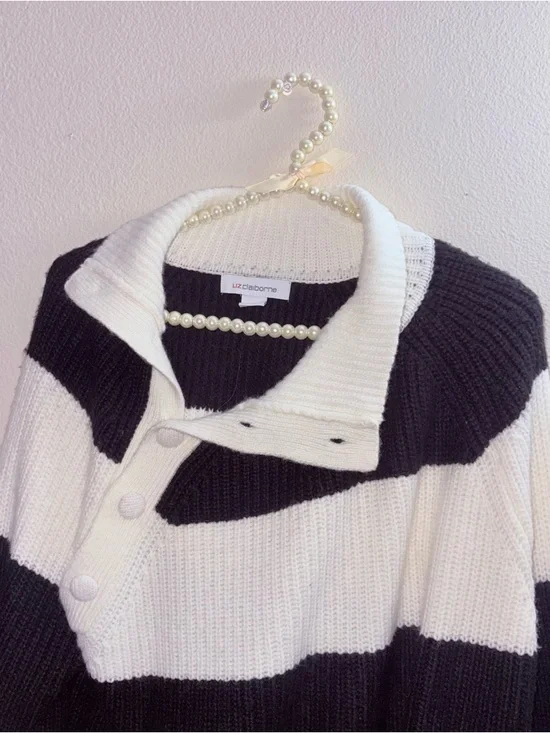 Liz Claiborne Black and White Striped Shawl-Collar Sweater - Picture 2 of 4